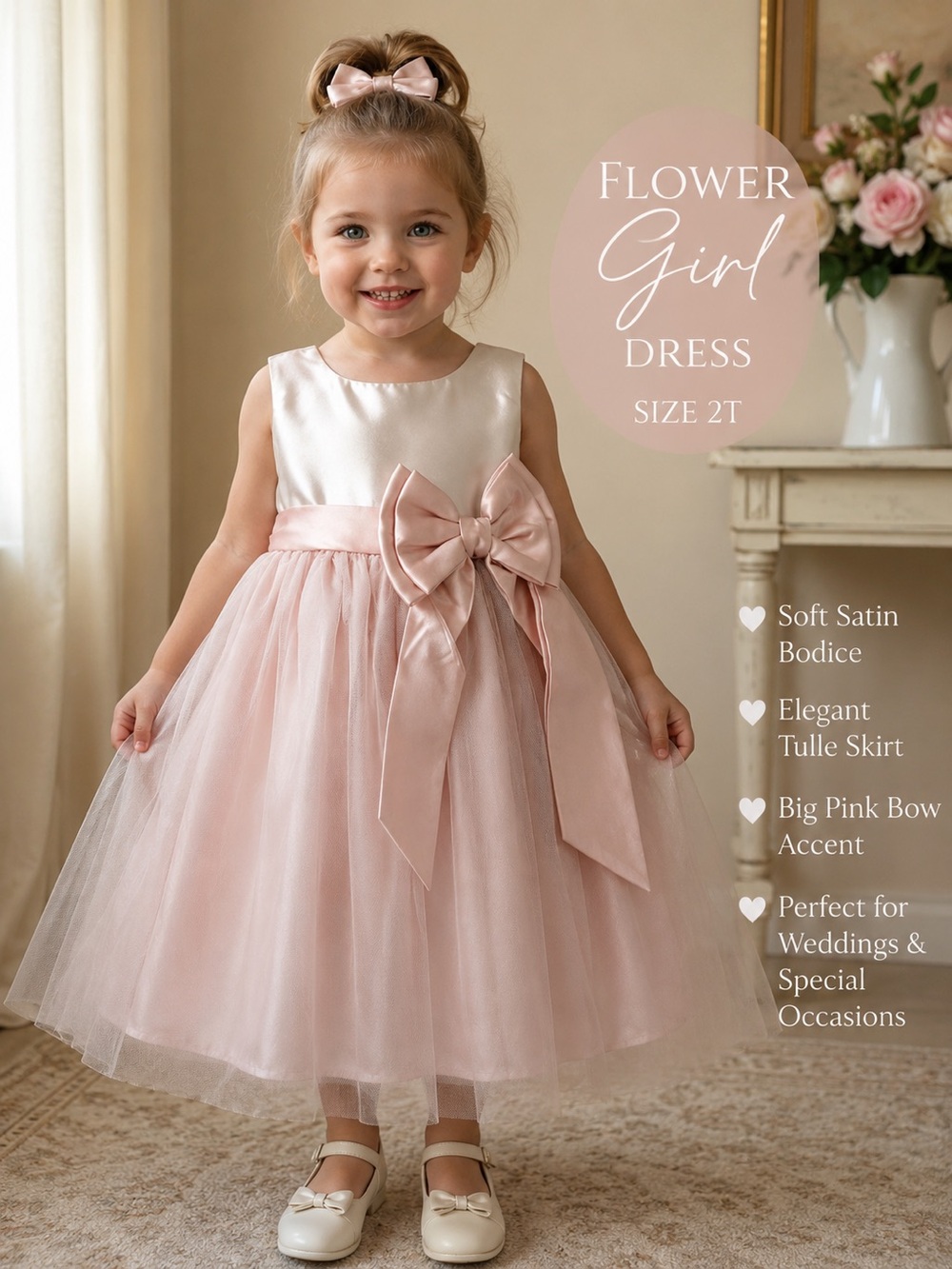 Rare Editions Pale Pink Satin & Tulle Bow Party Dress Flower Girl Wedding